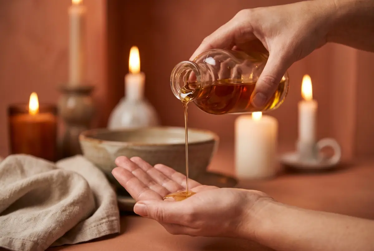 Hands pouring warm massage oil from an open bottle