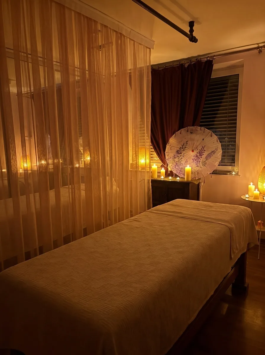 Massage table behind sheer curtain — AMRITA studio